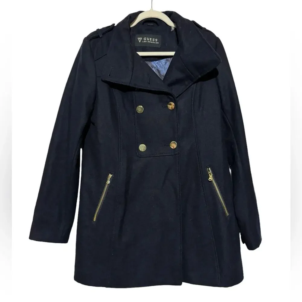 Guess Navy Blue Gold Wool Blend Winter Pea‎ Coat Women’s Size Medium